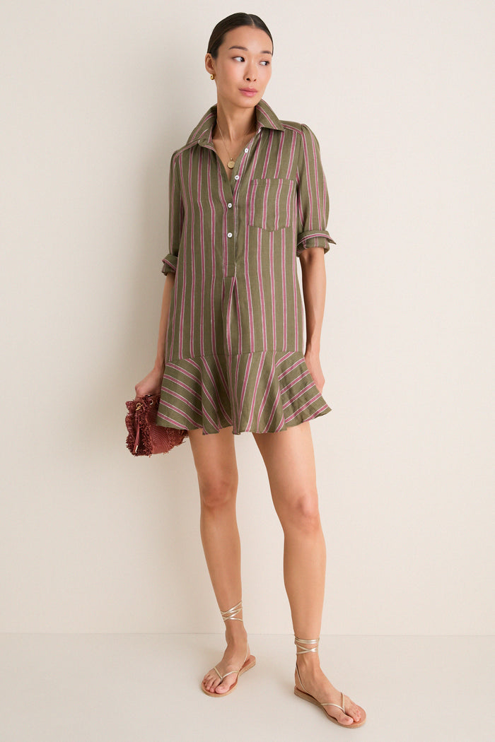 Olive and Raspberry Stripe Linen Callahan Dress