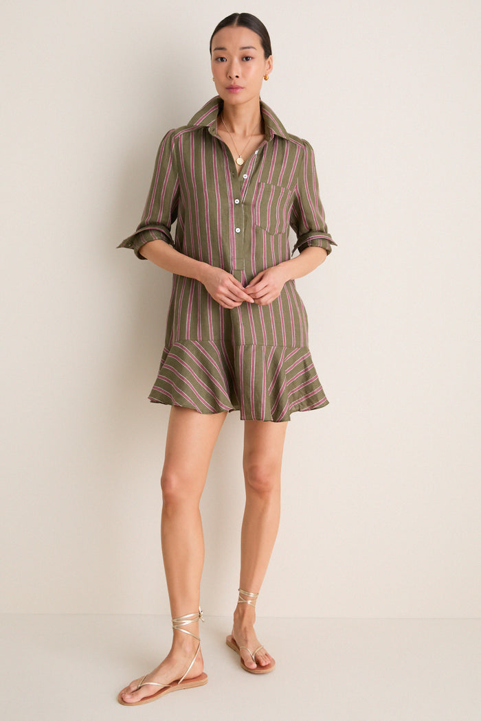 Olive and Raspberry Stripe Linen Callahan Dress