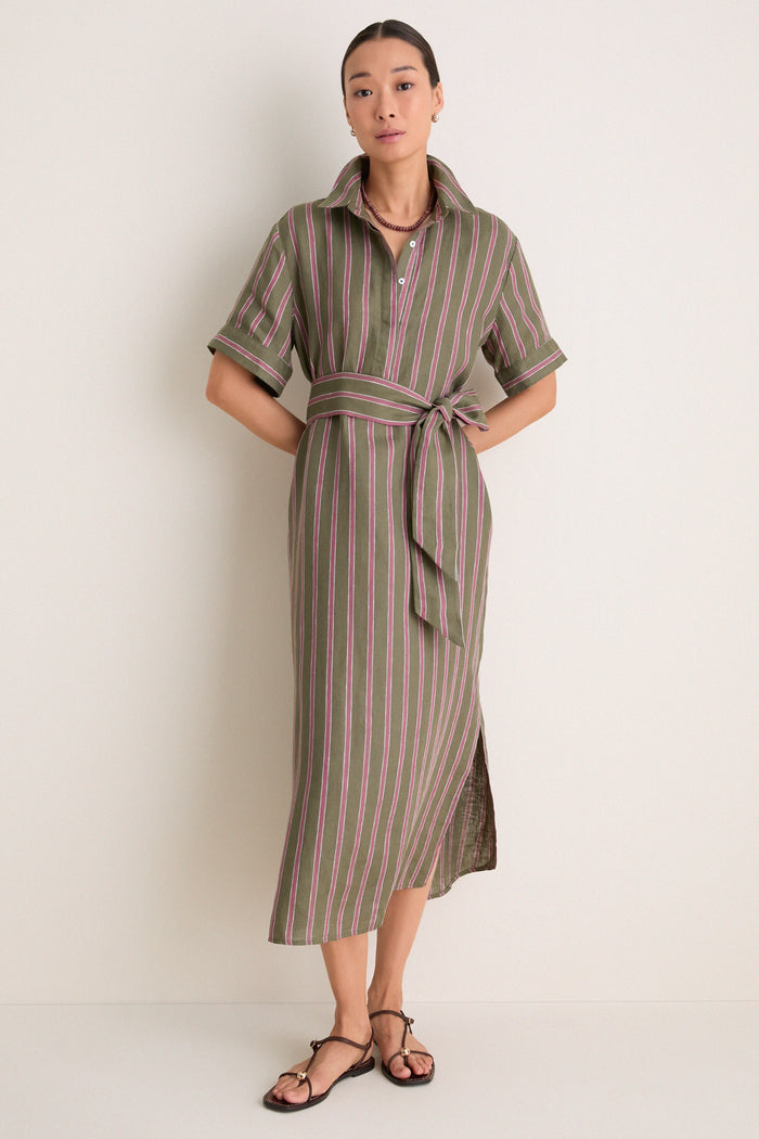Olive and Raspberry Stripe Linen Milano Shirt Dress