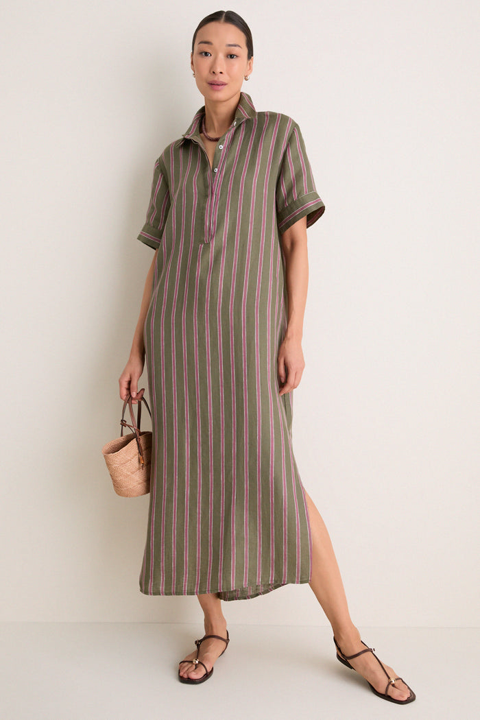 Olive and Raspberry Stripe Linen Milano Shirt Dress