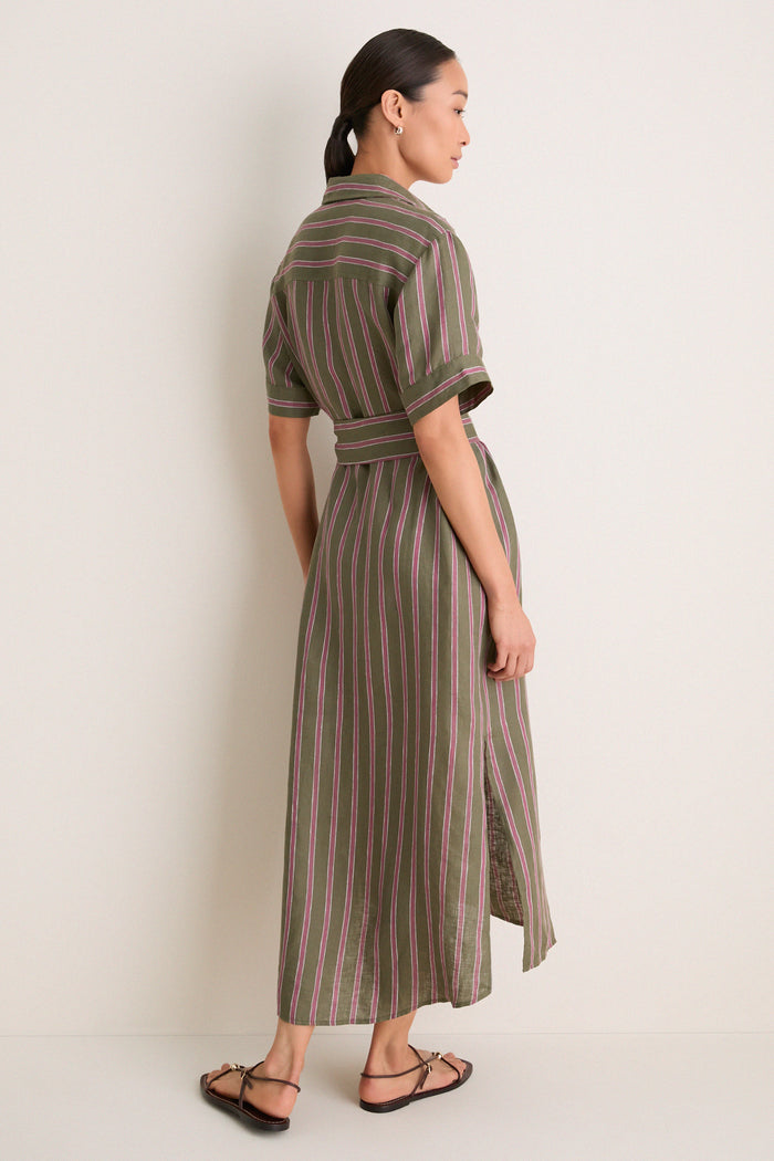 Olive and Raspberry Stripe Linen Milano Shirt Dress