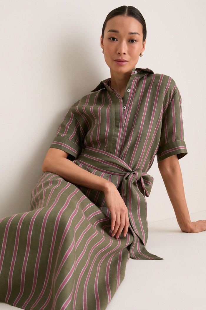Olive and Raspberry Stripe Linen Milano Shirt Dress