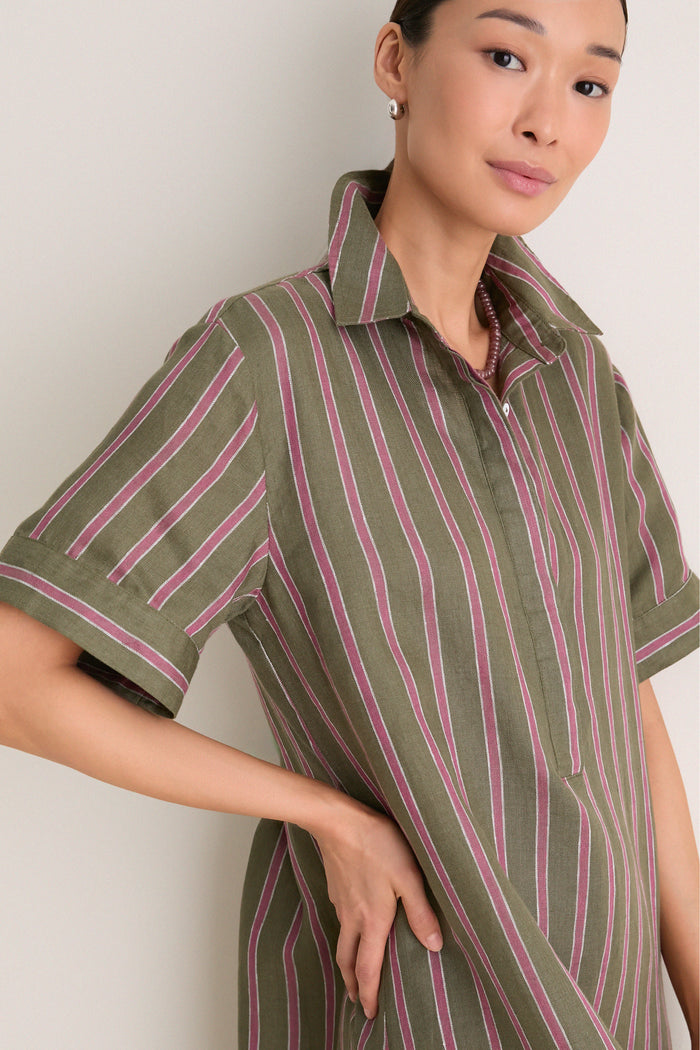 Olive and Raspberry Stripe Linen Milano Shirt Dress