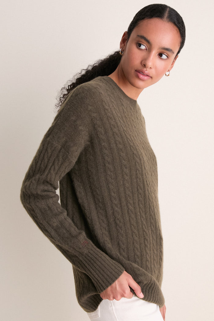 Olive Cable Knit Boyfriend Colin Crewneck