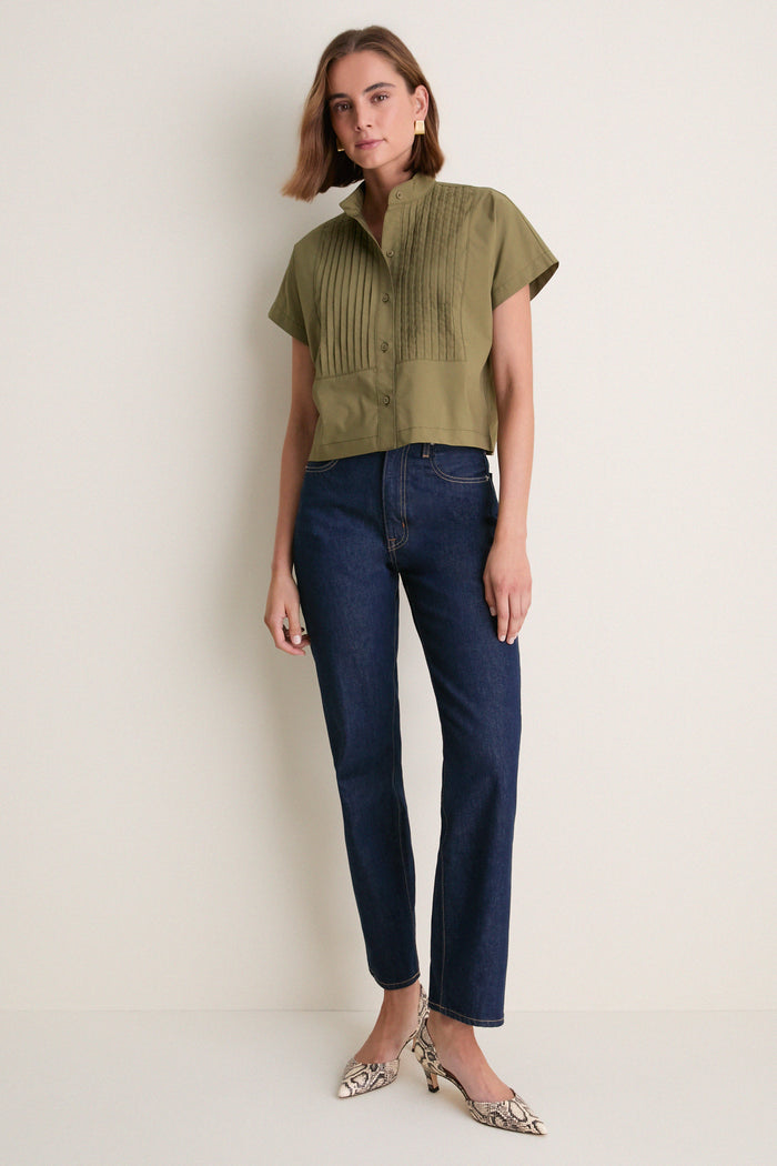 Olive Cotton Poplin Pintuck Avery Shirt