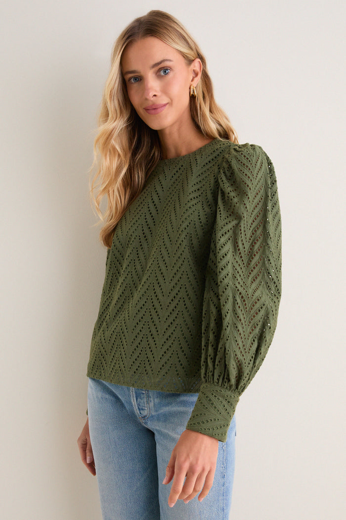 Olive Eyelet Long Sleeve Harriet Blouse