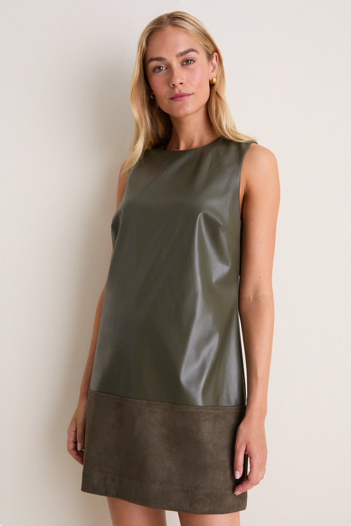 Olive Suede & Leather Mixed Media Martie Mini Dress