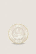 Oriente Italiano Meringa Dinner Plate: A classic, high-end porcelain dish with gold-trimmed scalloped edges, featuring effortless white floral motifs for fun, elegant dining experiences.
