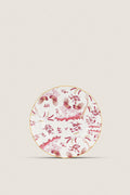 Oro Di Doccia Magenta Dinner Plate featuring classic floral and rooster motifs with gold trim, handcrafted in Italy for an effortless, high-end tablescape addition.