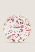 Oro Di Doccia Magenta Salad Plate showcases a classic, effortless chinoiserie motif with roosters and blossoms, gold-trimmed edge, embodying high-end Italian craftsmanship and fun elegance.