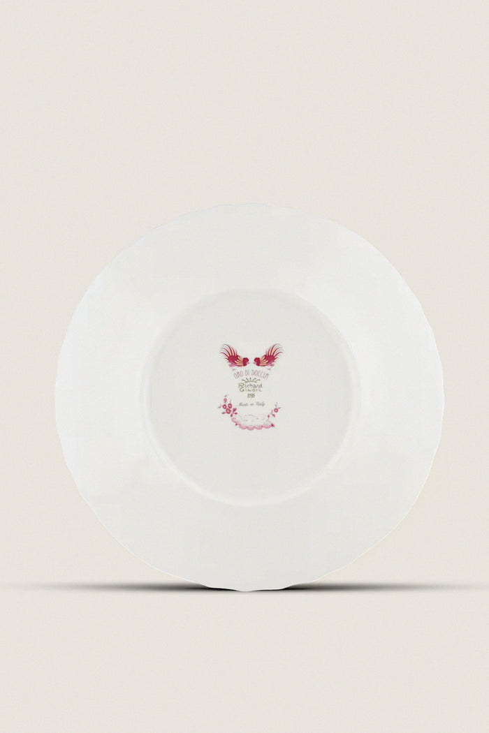 Classic Oro Di Doccia Magenta Salad Plate with Ji Ondori roosters and floral motifs, offering effortless elegance and fun to your tablescape. High-end, handcrafted Italian porcelain.