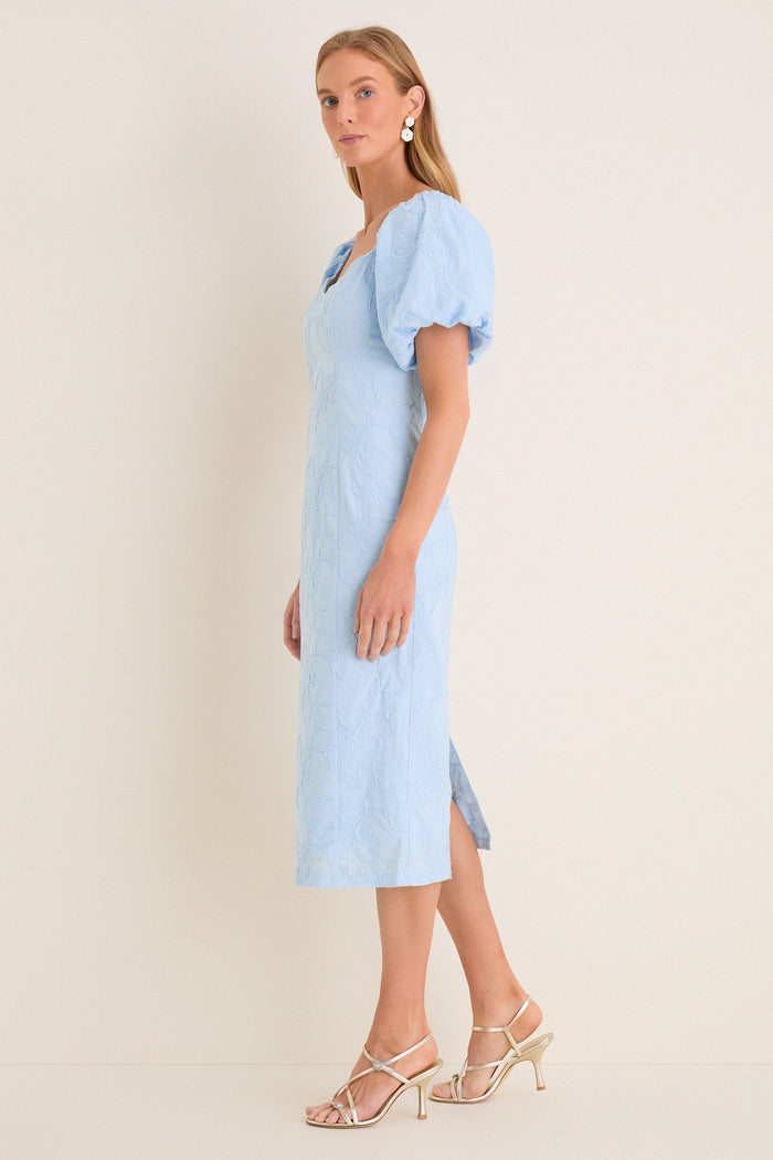 Pale Blue Embroidered Ginkgo Leaf Sallie Midi Dress