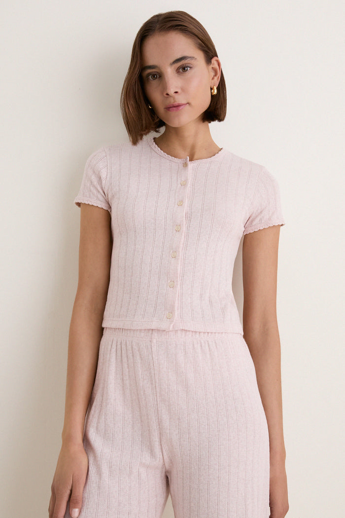 Petal Melange Pointelle Short Sleeve Cardigan