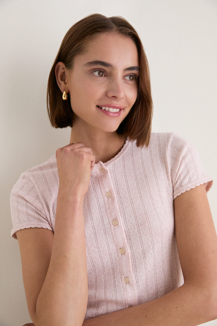 Petal Melange Pointelle Short Sleeve Cardigan