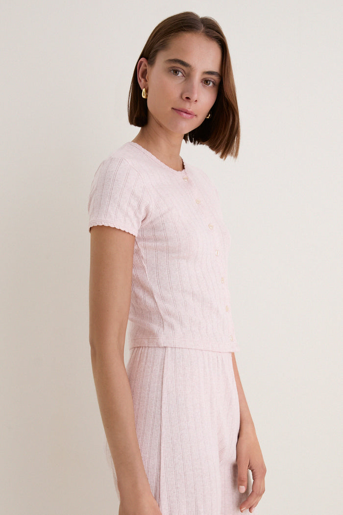 Petal Melange Pointelle Short Sleeve Cardigan