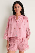 Pink Alvorada Embroidered Kimono Sleeve Buttoned Blouse