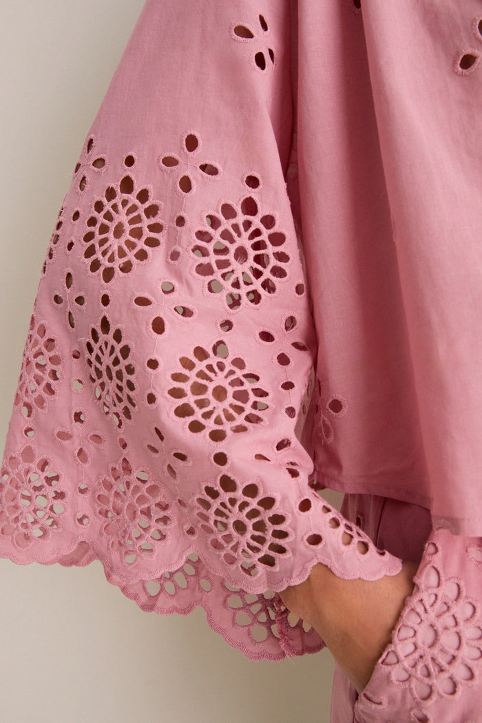 Pink Alvorada Embroidered Kimono Sleeve Buttoned Blouse