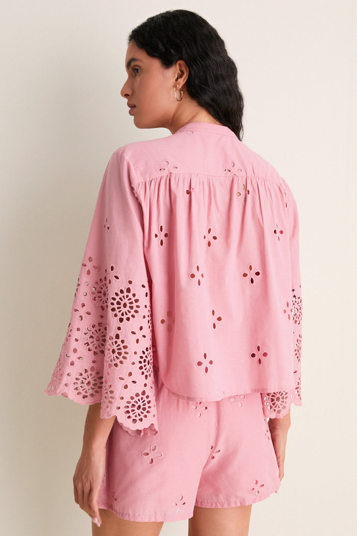 Pink Alvorada Embroidered Kimono Sleeve Buttoned Blouse