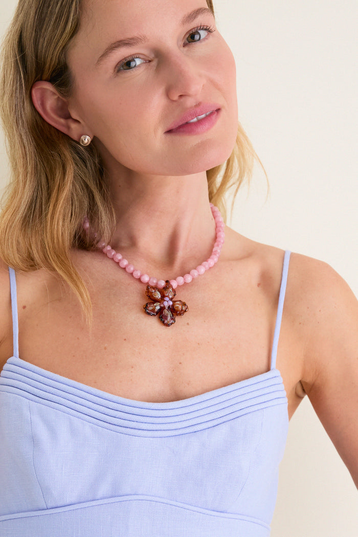Pink and Amber Glass Betta Pendant Necklace