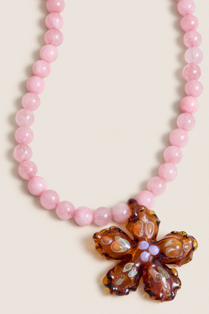 Pink and Amber Glass Betta Pendant Necklace