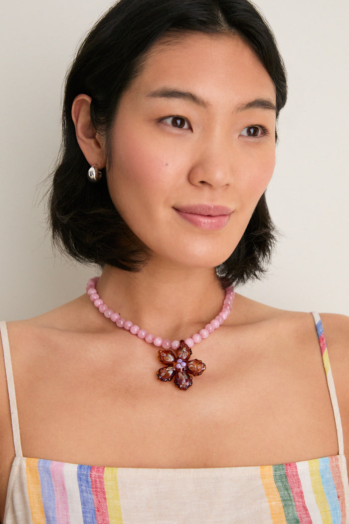 Pink and Amber Glass Betta Pendant Necklace