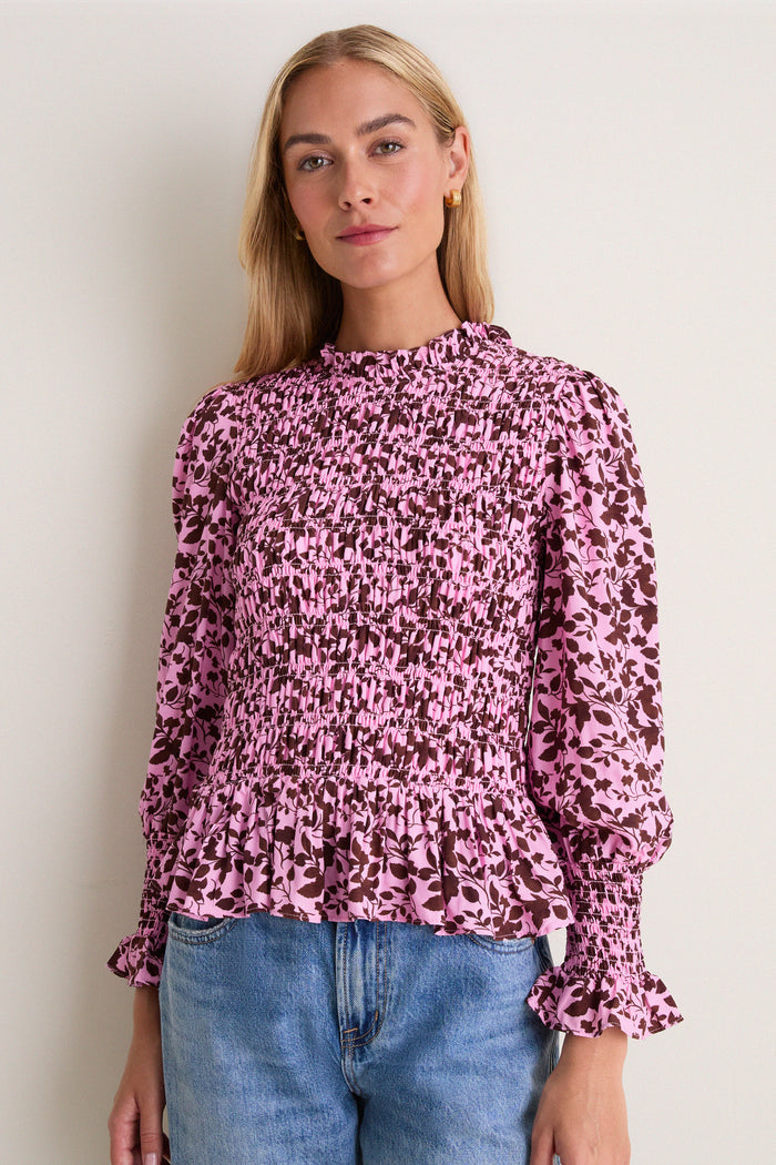 Pink & Brown Floral Smocked Cynthia Blouse