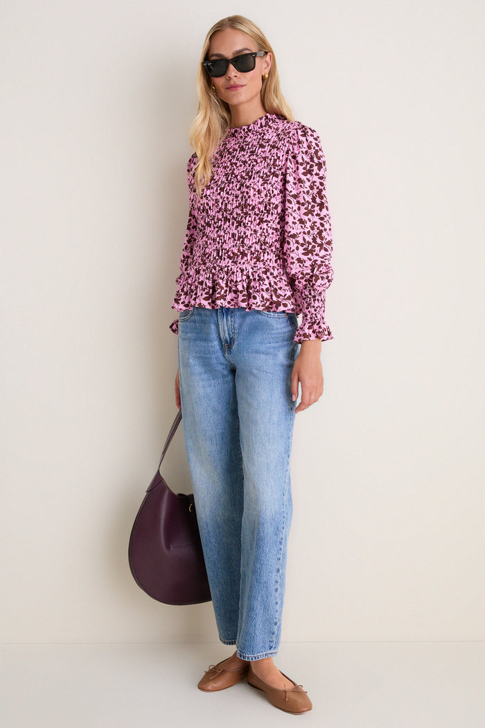 Pink & Brown Floral Smocked Cynthia Blouse