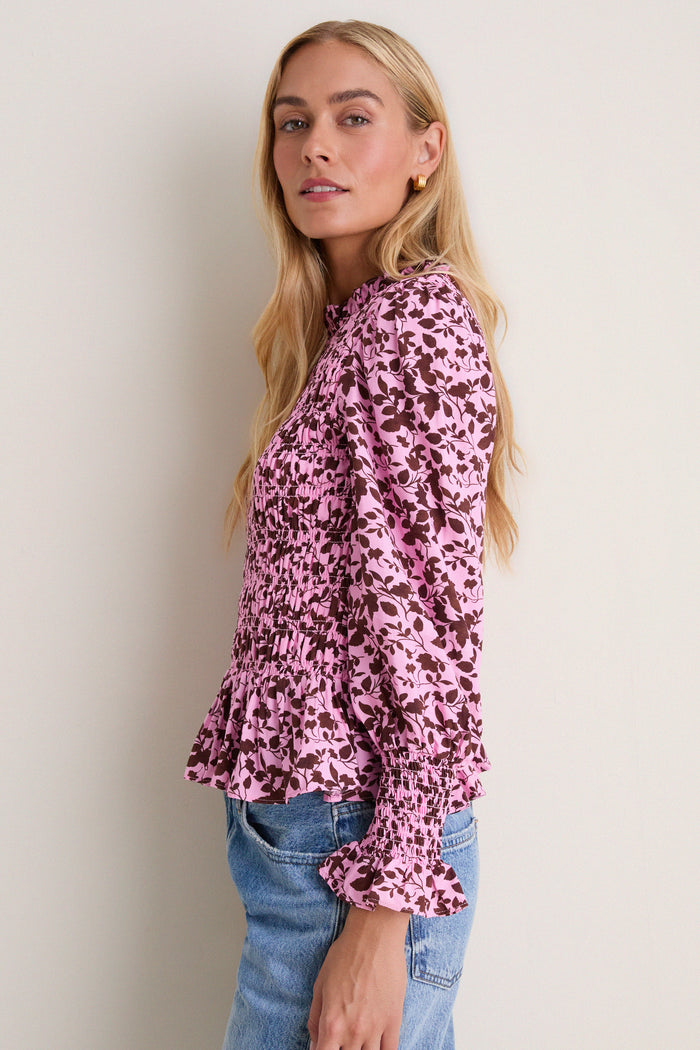 Pink & Brown Floral Smocked Cynthia Blouse