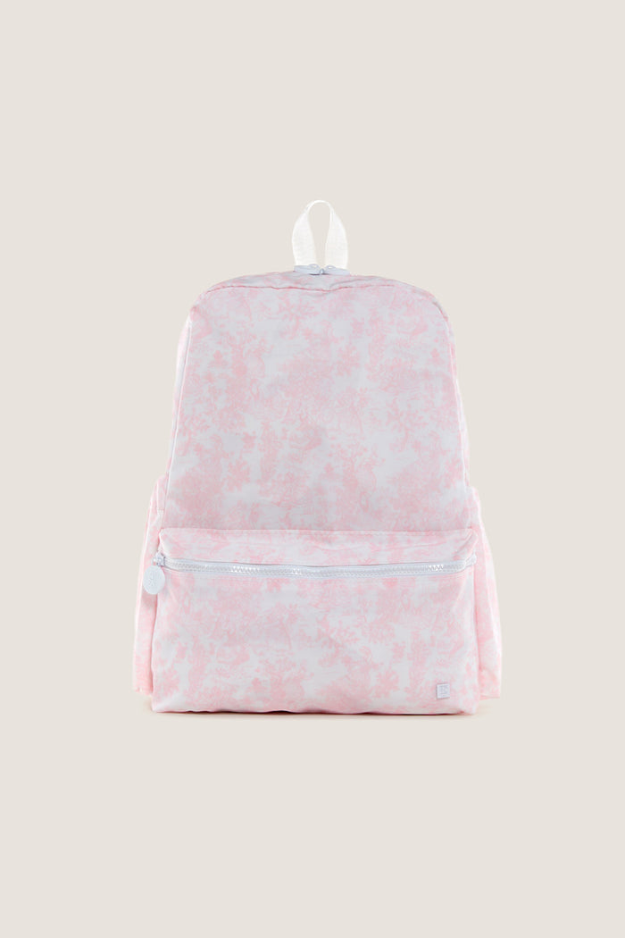 Pink Bunny Toile Backpack featuring a classic, effortless design with a front zip pocket and top carry-handle, ideal for a fun and high-end day out.