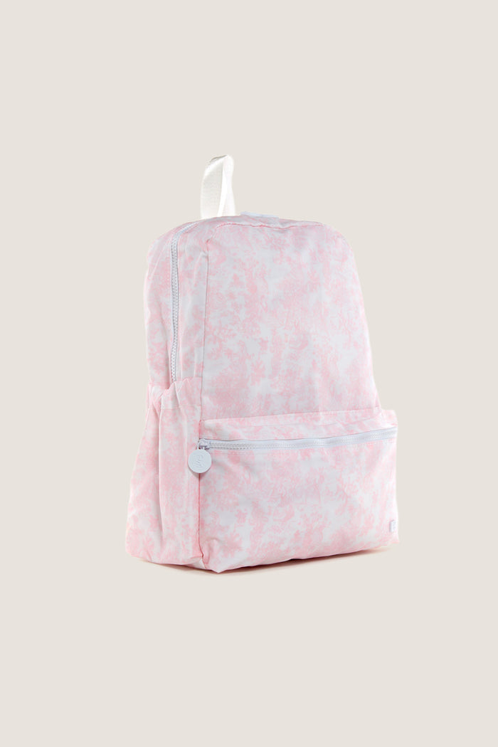 Pink Bunny Toile Backpack with classic design features an effortless zippered main compartment, fun front pocket, side pockets, and a high-end white top carry-handle.