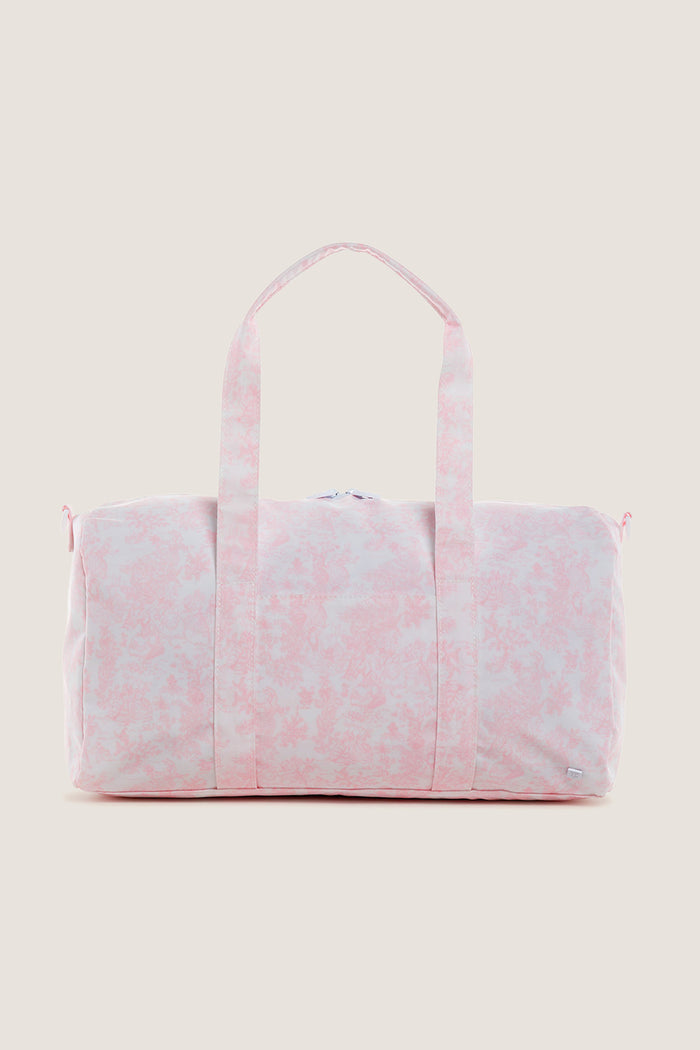 Pink Bunny Toile Weekender Duffel Bag: A classic, effortlessly stylish travel essential with soft-textured marbled design, dual handles, and playful practicality for fun, high-end getaways.