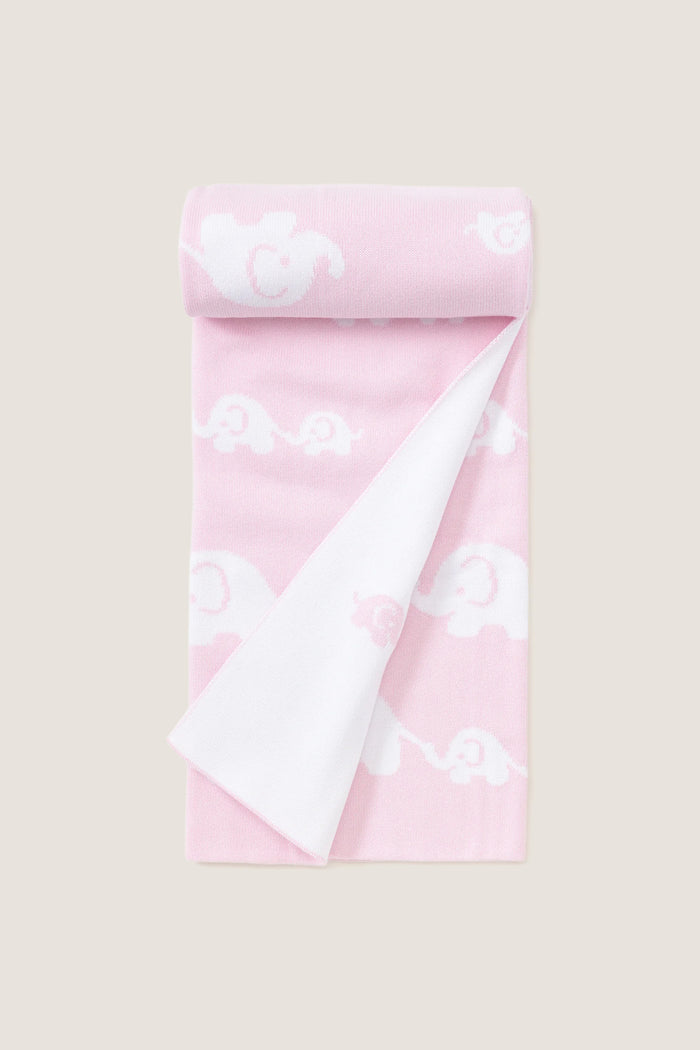 Pink Elephant Knit Blanket: A classic, high-end baby blanket with playful white elephant motifs. Made from ultra-soft cotton, offering effortless comfort and fun for your little one.