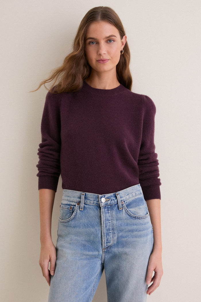 Plum Cashmere Puff Sleeve Macy Crewneck Sweater