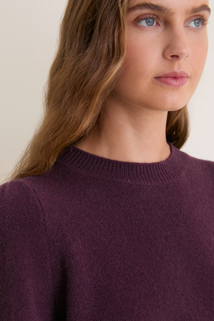 Plum Cashmere Puff Sleeve Macy Crewneck Sweater