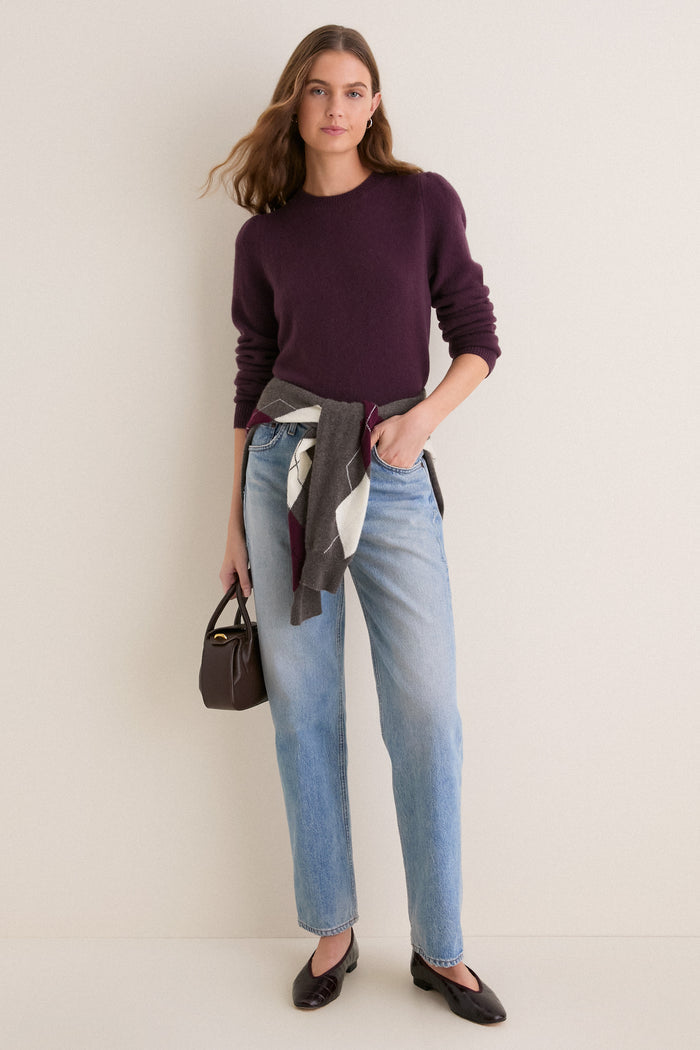 Plum Cashmere Puff Sleeve Macy Crewneck Sweater