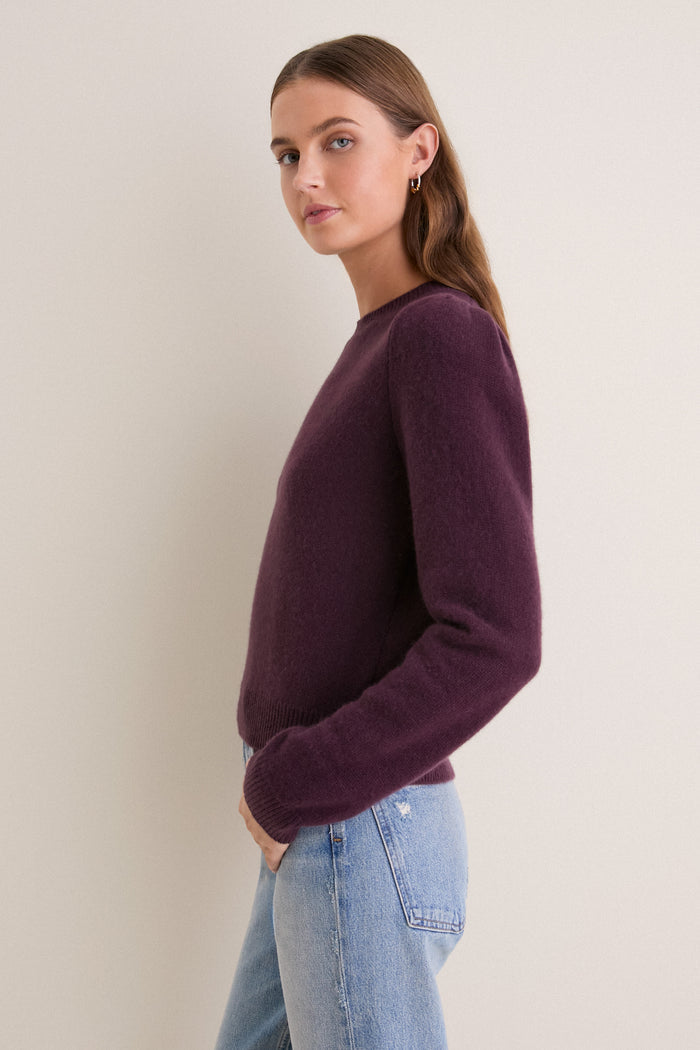 Plum Cashmere Puff Sleeve Macy Crewneck Sweater