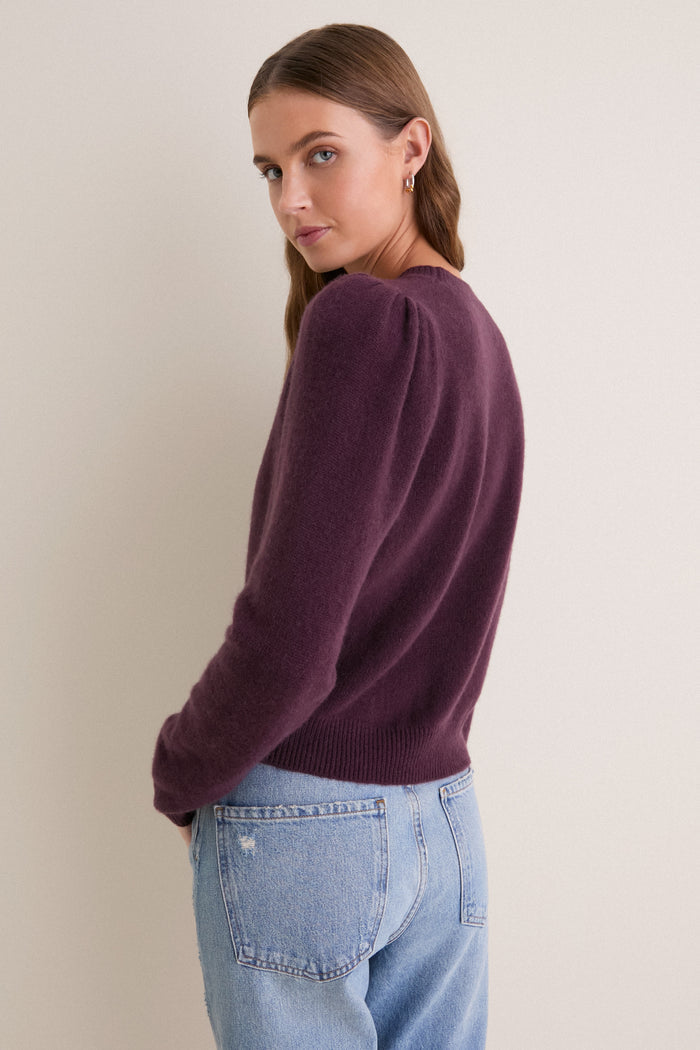 Plum Cashmere Puff Sleeve Macy Crewneck Sweater