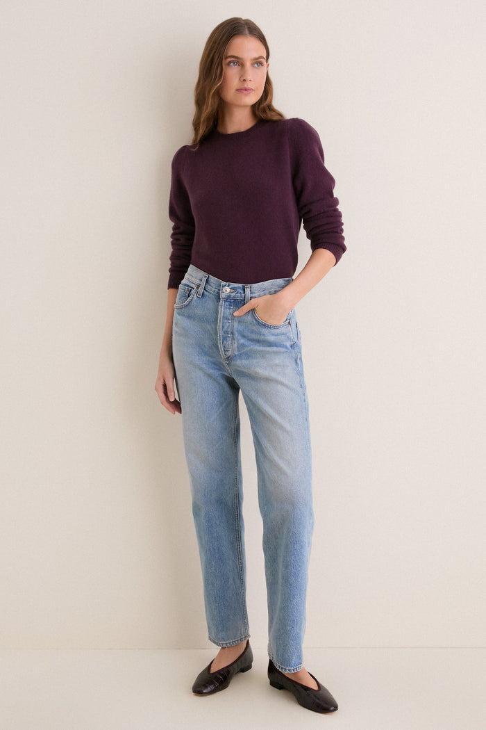 Plum Cashmere Puff Sleeve Macy Crewneck Sweater