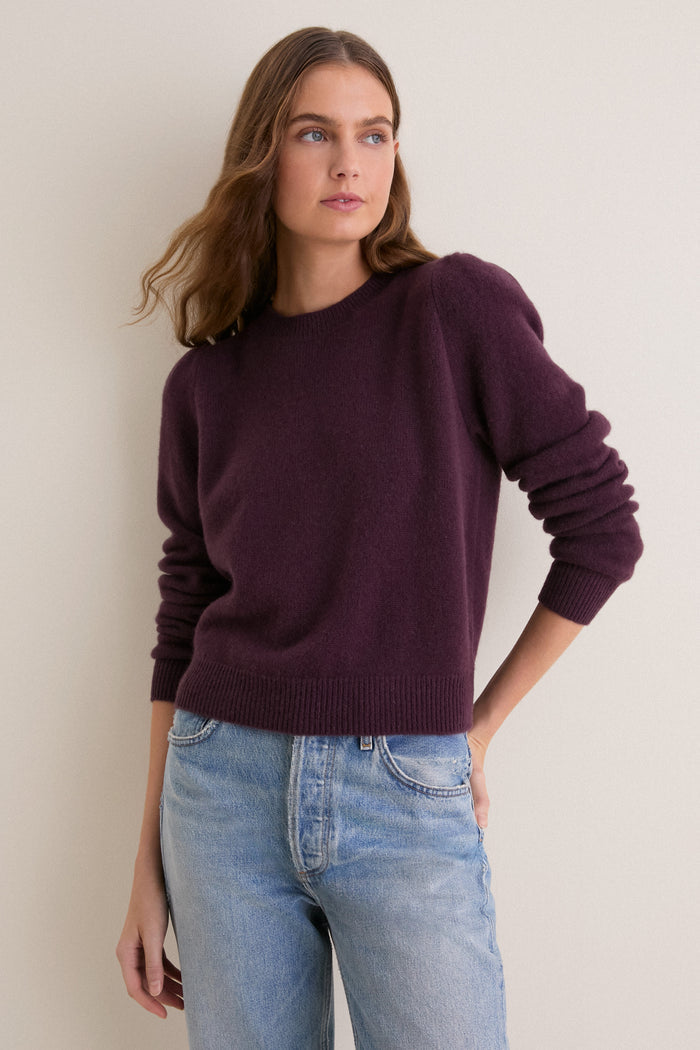 Plum Cashmere Puff Sleeve Macy Crewneck Sweater