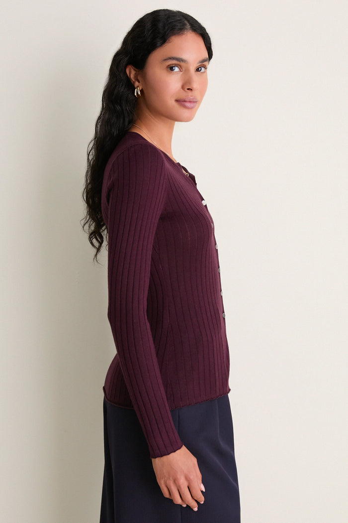 Plum Cashmere Silk Ribbed Lowell Cardigan