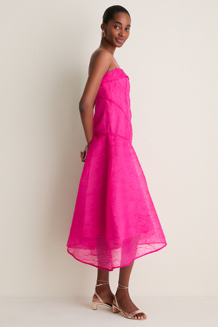 Raspberry Rose Shibori Organza Long Asymmetric Dress
