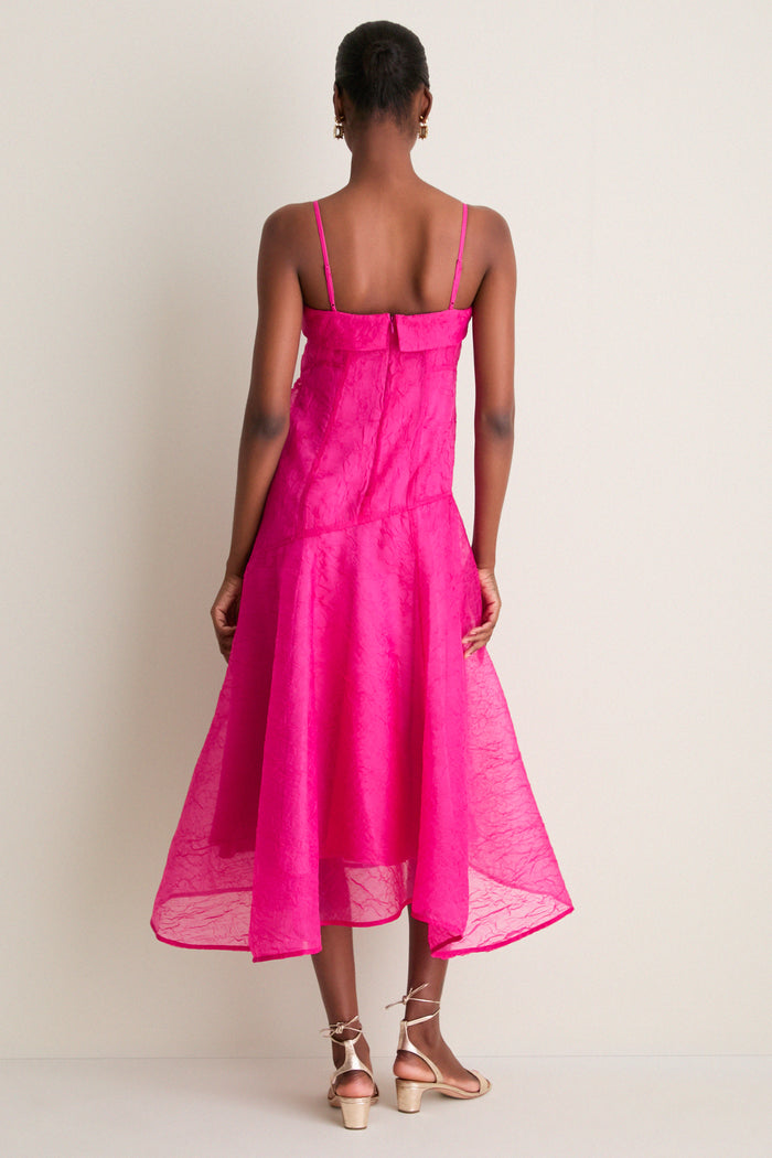 Raspberry Rose Shibori Organza Long Asymmetric Dress