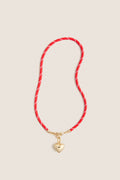 Red and Gold Happy Cord Charm Necklace with Puffy Heart Charm