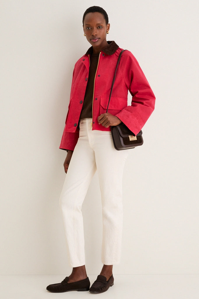 Red Cropped Chiltern Jacket in Waxed Cotton