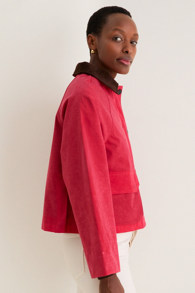 Red Cropped Chiltern Jacket in Waxed Cotton