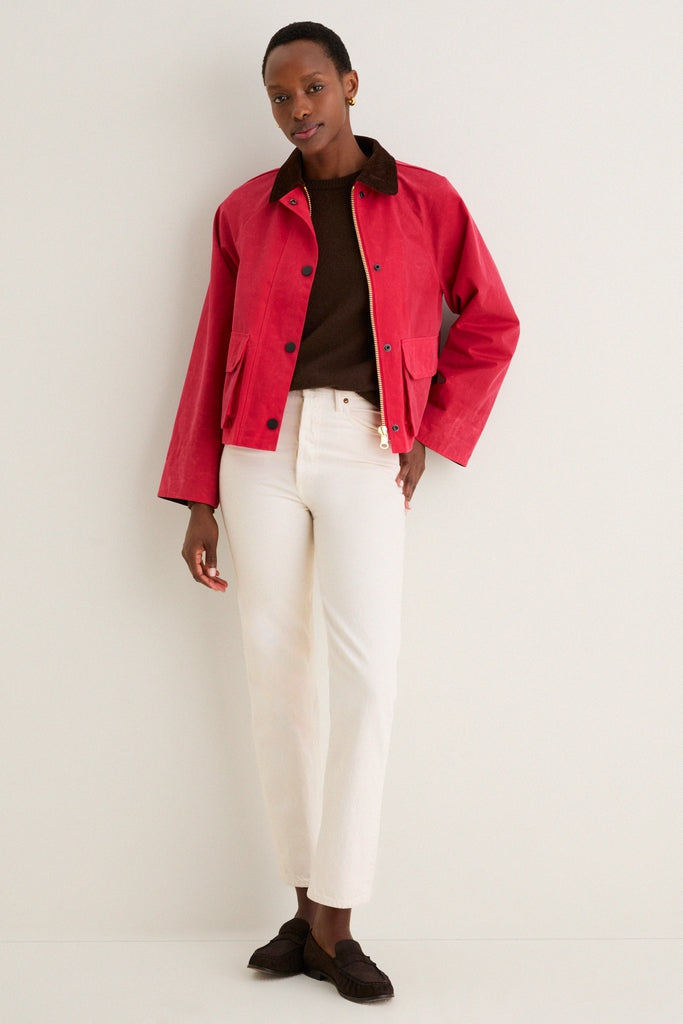 Red Cropped Chiltern Jacket in Waxed Cotton
