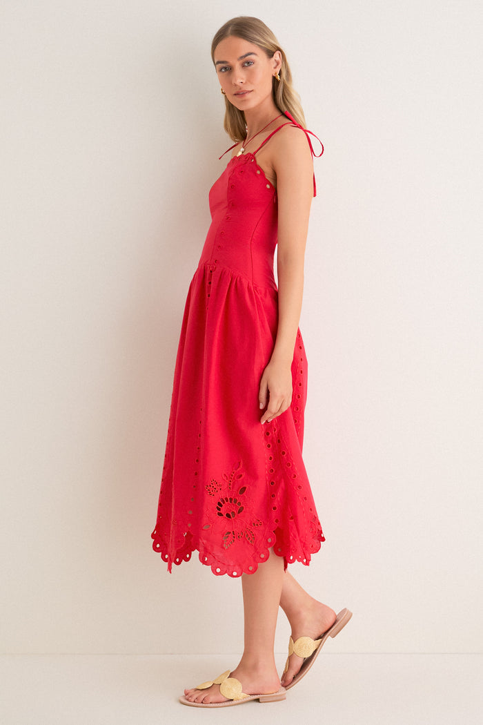 Red Eyelet Detail Midi Dress
