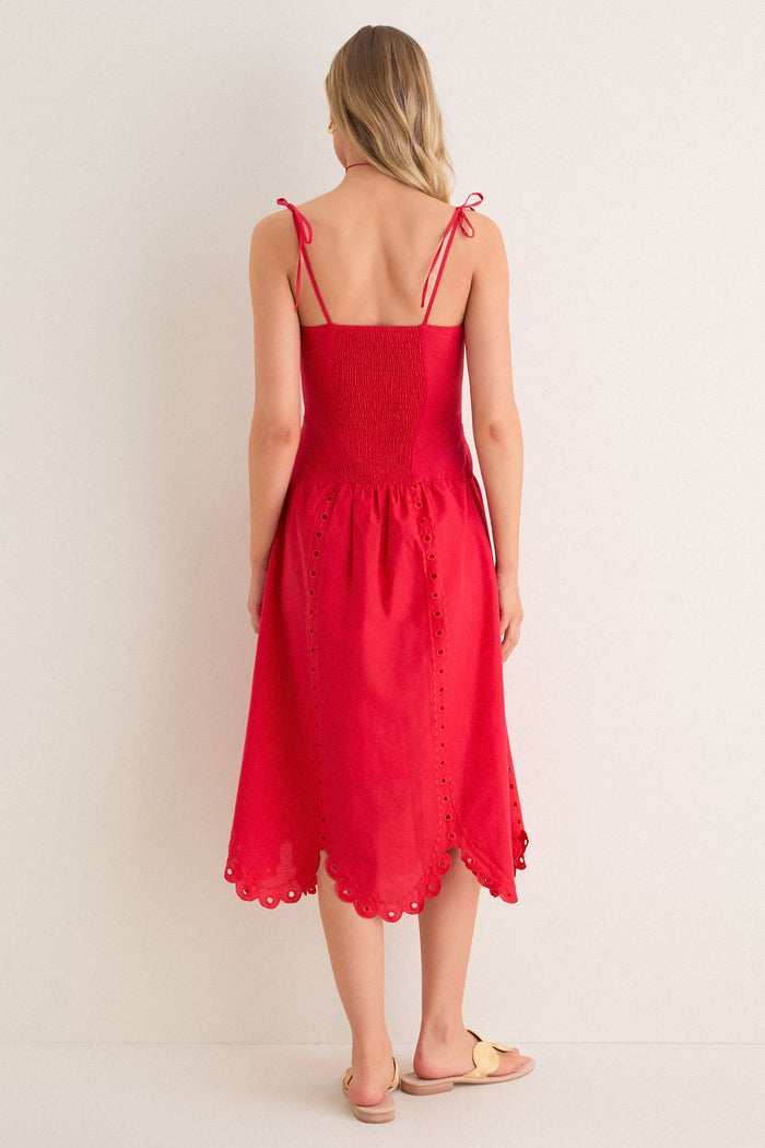 Red Eyelet Detail Midi Dress