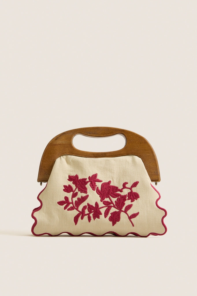Red Floral Bermuda Wooden Handle Bag