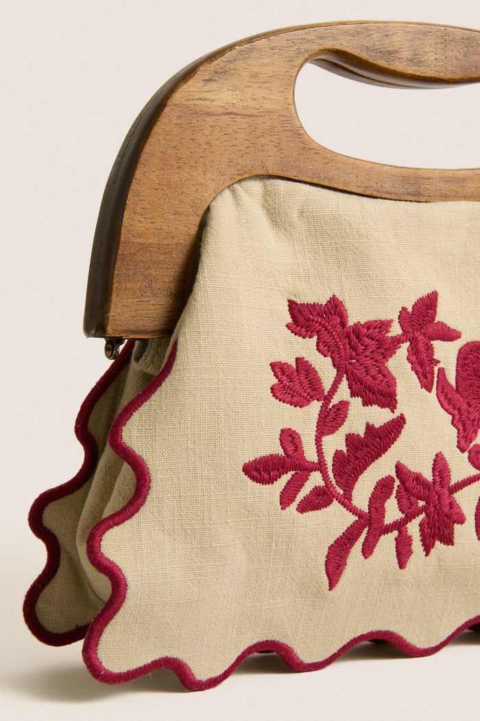 Red Floral Bermuda Wooden Handle Bag